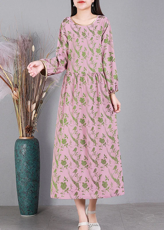 Mega Sale casual dressPink O-Neck Cinched Silk Dress Long Sleeve