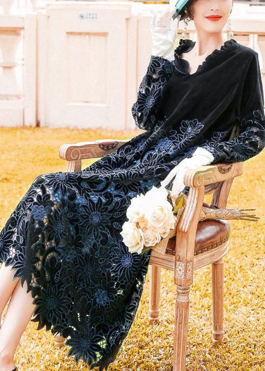 Midnight Madness satin midi dressFine Black Ruffled Embroideried Hollow Out Silk Velour Long Dress Spring