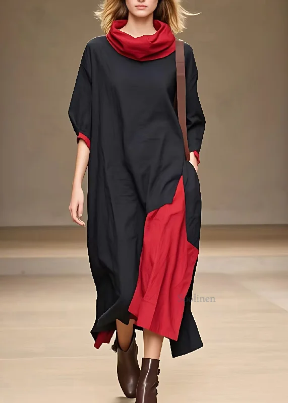 Special Savings knit dressFrench Black Patchwork Turtleneck Pockets Long Dresses Bracelet Sleeve Special Savings knit dressFrench Black Patchwork Turtleneck Pockets Long Dresses Bracelet Sleeve