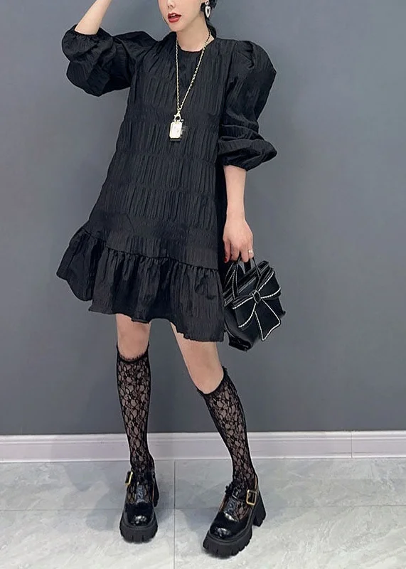 Savings Event stylish party dressBlack Patchwork Cotton Holiday Dress Wrinkled Puff Sleeve Savings Event stylish party dressBlack Patchwork Cotton Holiday Dress Wrinkled Puff Sleeve
