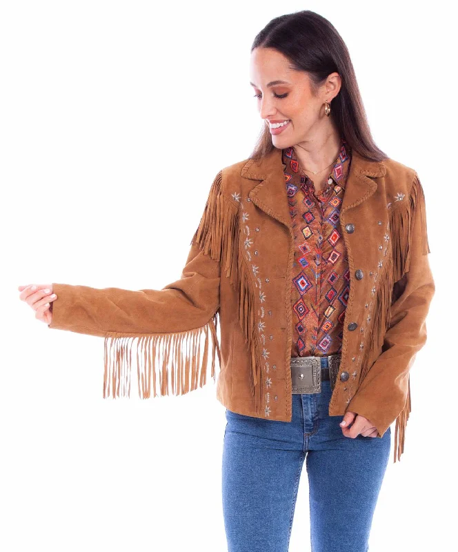 stylish blazer coatScully Womens Western Fringe Button Tan Leather Leather Jacket