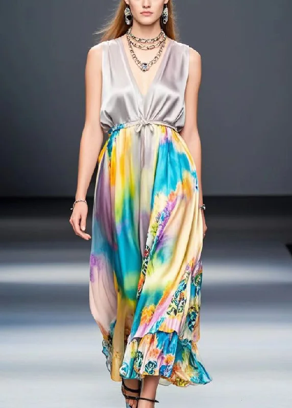 relaxed fit dressBeautiful Light Purple Cinched Tie Dye Silk Long Dress Sleeveless