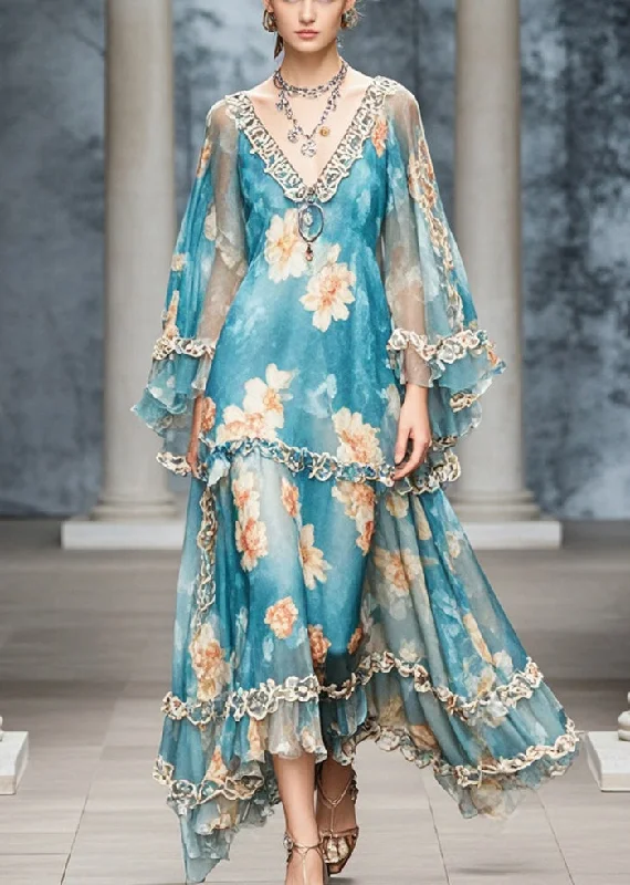 Deal Alert mini dressElegant Blue Ruffled Print Chiffon Long Dress Fall