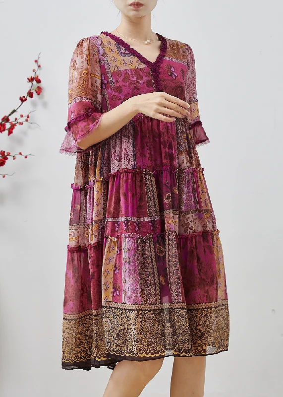Anniversary Sale fitted dressWomen Purple Ruffled Print Chiffon Dresses Summer