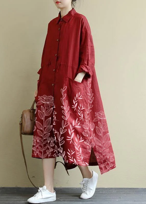 fitted bodycon dressRed-flowers Linen Shirt Dress Casual Oversize Spring Maxi Dresses