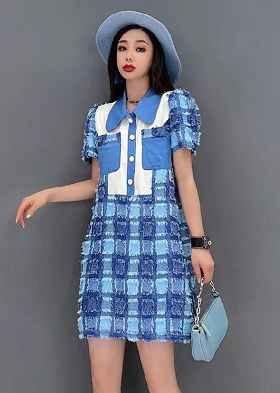 trendy mini dressBoutique Blue Peter Pan Collar Button Plaid Cotton Mini Dresses Short Sleeve