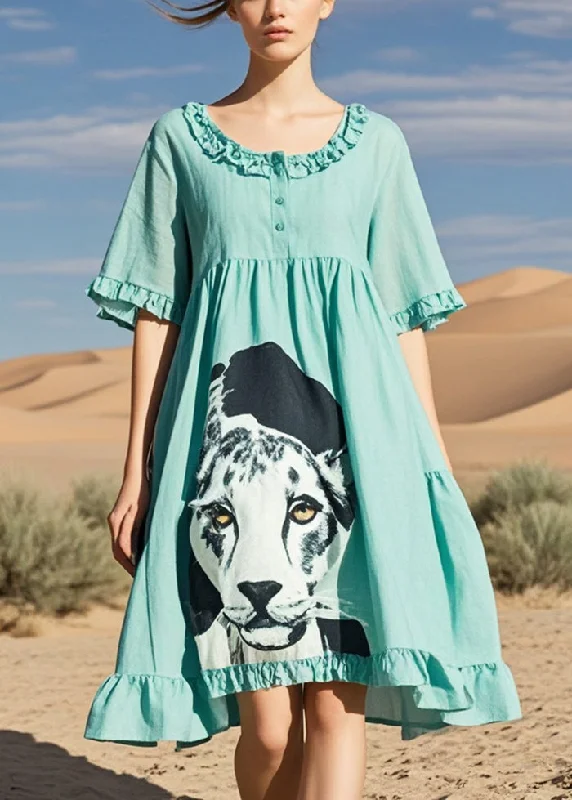 elegant dressFitted Lake Green Ruffled Dog Print Cotton Tea Dress Summer