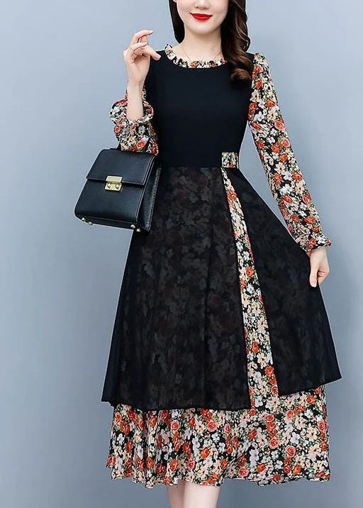 Overstock sophisticated dressElegant Colorblock O-Neck Patchwork Print Chiffon Dresses Fall