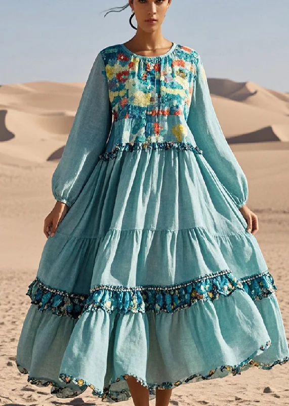 wrap dressFrench Sky Blue Ruffled Print Cotton Long Dress Spring