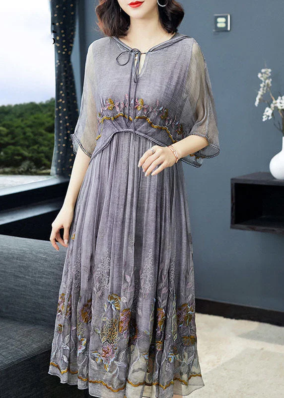 Midnight Sale minimalistic dressArt Grey Hooded Embroideried Patchwork Silk Fake Two Piece Dress Half Sleeve Midnight Sale minimalistic dressArt Grey Hooded Embroideried Patchwork Silk Fake Two Piece Dress Half Sleeve