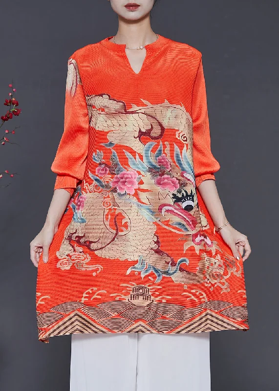 chic slip dressArt Orange V Neck Dragon Print Cotton Short Dress Spring