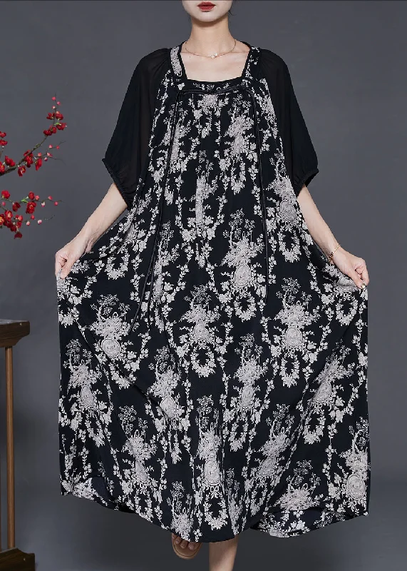 Act Now tiered dressFashion Black Tasseled Print Chiffon Holiday Dress Summer