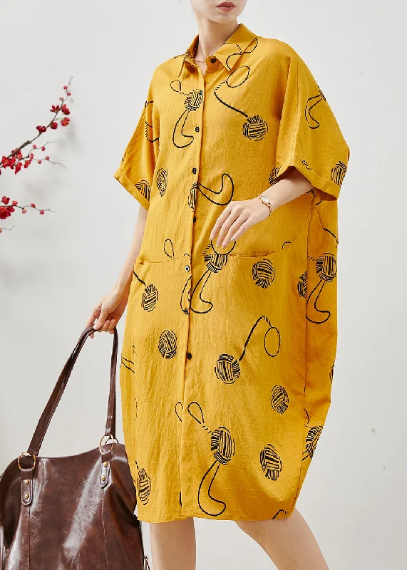 fitted dressWomen Yellow Oversized Print Cotton Holiday Dress Summer