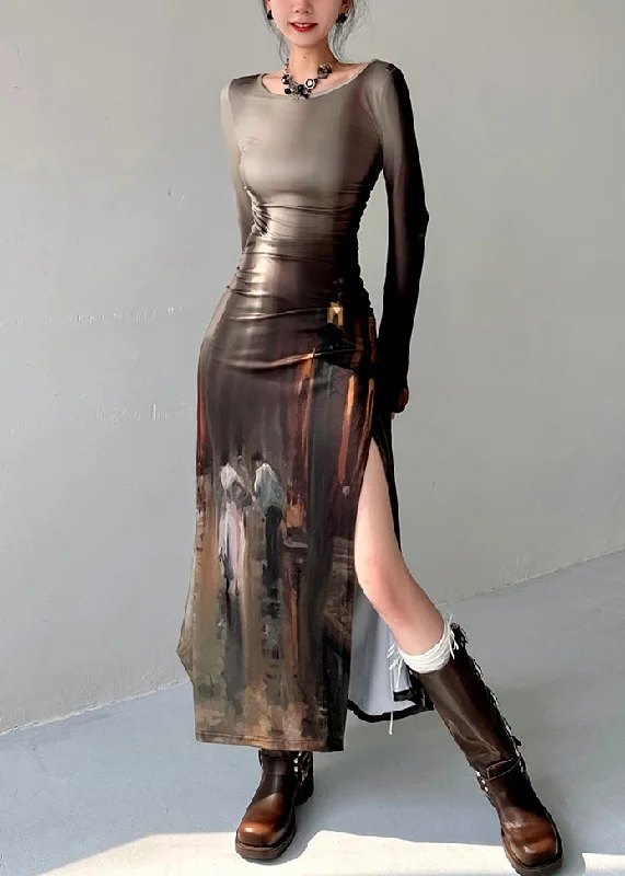 Best Bargains ruched dressFrench Retro Oil Painting Printed Side Open Dress Autumn