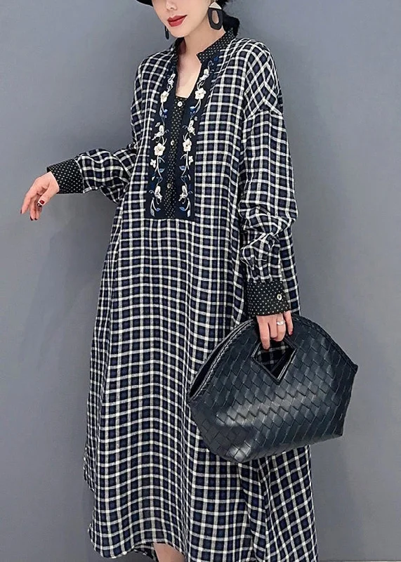 Year-End Sale flowy evening dressVintage Black V Neck Plaid Holiday Dress Spring