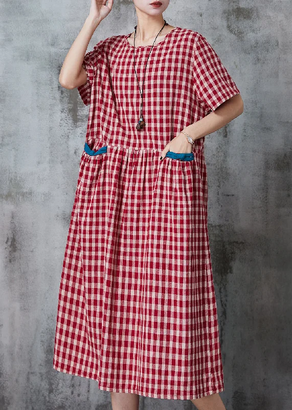 Big Discounts satin midi dressClassy Red Oversized Plaid Linen Dress Summer