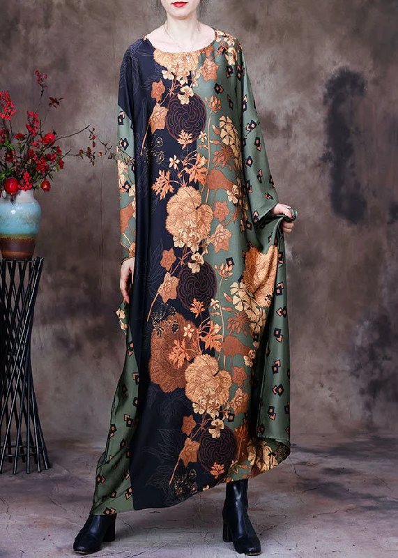Seasonal Sale off-the-shoulder dressStyle Green O-Neck Oversized Print Silk Vacation Dresses Batwing Sleeve Seasonal Sale off-the-shoulder dressStyle Green O-Neck Oversized Print Silk Vacation Dresses Batwing Sleeve