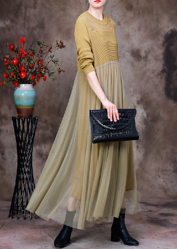 Best Bargains casual midi dressStylish Yellow O-Neck Tulle Patchwork Knit Dress Long Sleeve Best Bargains casual midi dressStylish Yellow O-Neck Tulle Patchwork Knit Dress Long Sleeve