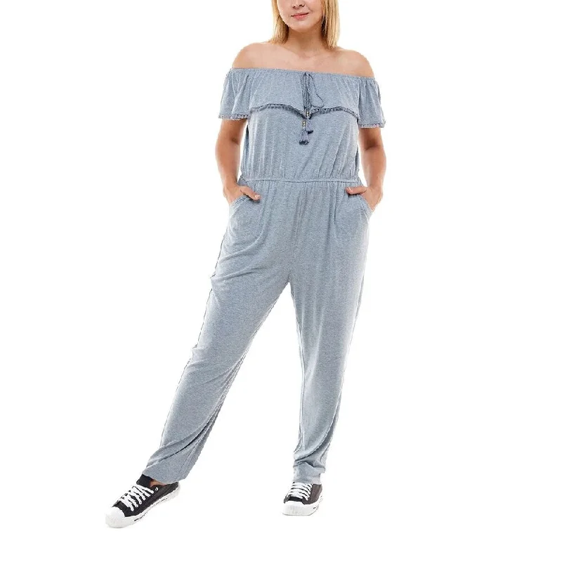 Today Only Planet Gold Women's Stretch Pocketed Tie Ruffled Crochet Trim Short Sleeve Off Shoulder Straight Leg Jumpsuit Gray Size 2X