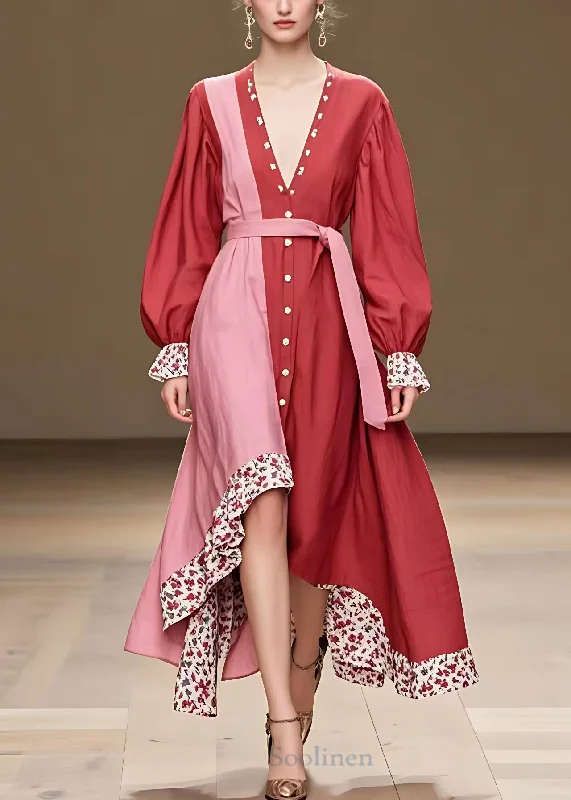 YEAR-End Sale sleek midi dressFrench Red Button Tie Waist Patchwork Cotton Long Dress Fall YEAR-End Sale sleek midi dressFrench Red Button Tie Waist Patchwork Cotton Long Dress Fall