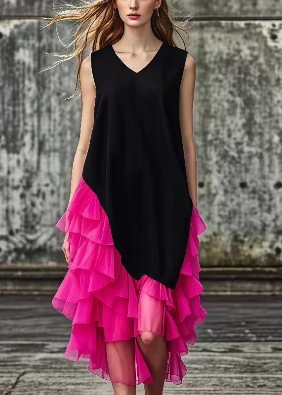 Hot Deal denim dressFrench Black Asymmetrical Tulle Patchwork Cotton Maxi Dresses Summer