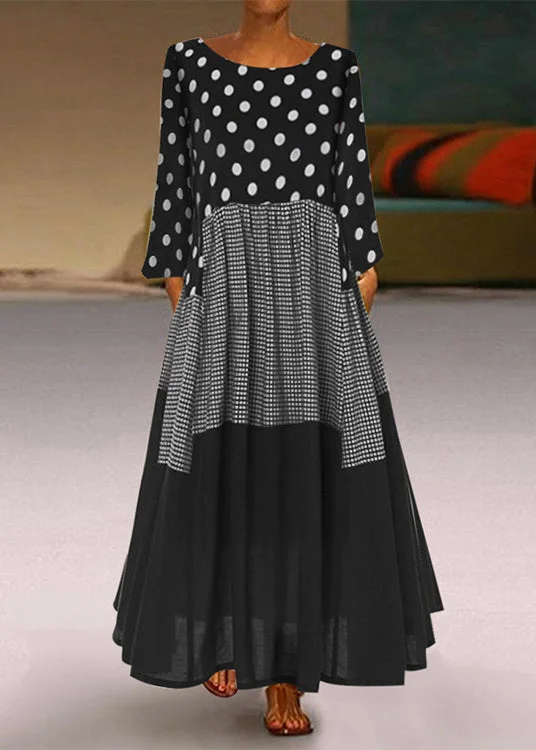 Deal Zone playful dressRound Neck Polka Dot long Sleeve Dress Black 2024