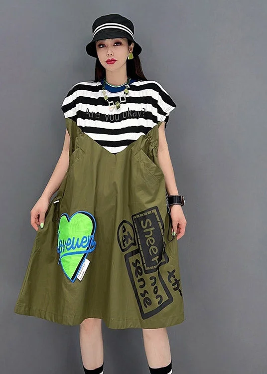 flowy maxi dressWomen Green O-Neck Striped Patchwork Print Pockets Dresses Short Sleeve