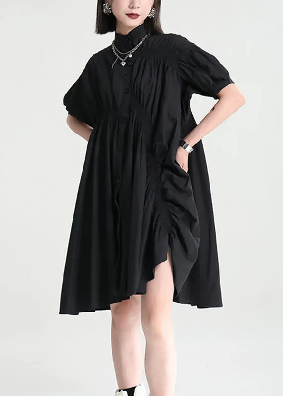 sleek midi dressBlack Cotton Mid Dress Exra Large Hem Cinched Applique Short Sleeve