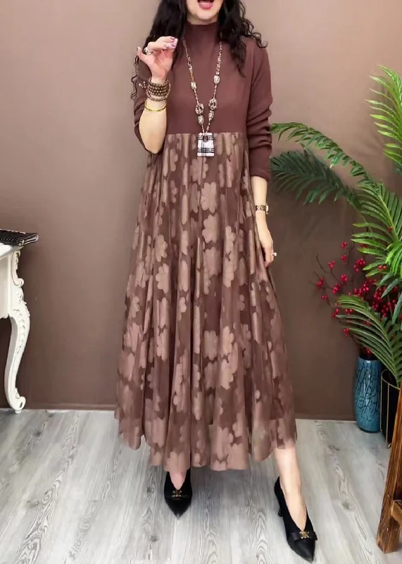 printed dressLoose Brown Turtleneck Tulle Patchwork Long Dresses Winter