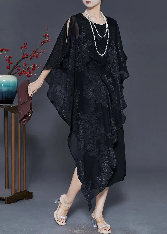 layered dressChic Black Cold Shoulder Jacquard Silk Dresses Summer