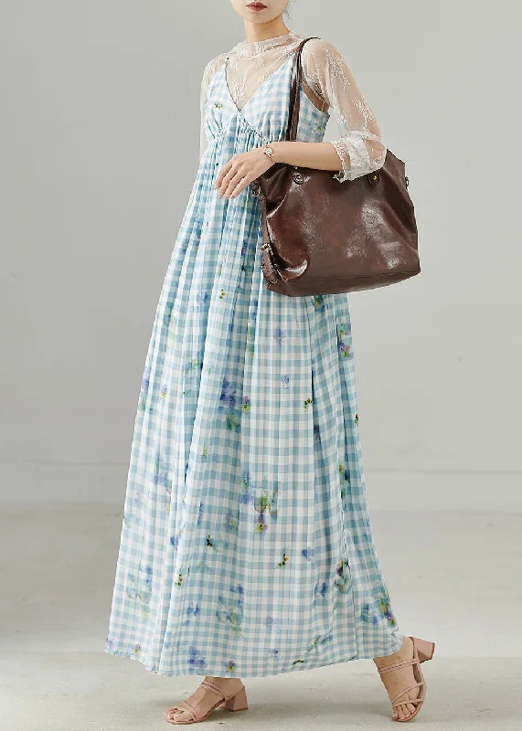 A-line dressStyle Sky Blue Plaid Print Cotton Sundress Summer