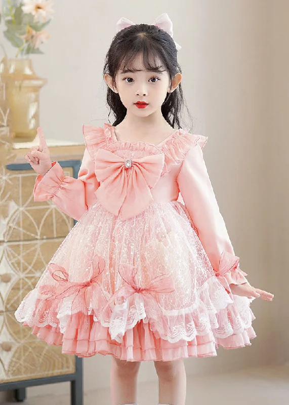 casual summer dressLovely Pink Square Collar Bow Patchwork Tulle Kids Mid Dresses Long Sleeve