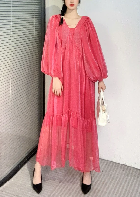 Extra Discounts satin dressSummer New Watermelon Red V Neck Wrinkled Puff Sleeve Long Dress Extra Discounts satin dressSummer New Watermelon Red V Neck Wrinkled Puff Sleeve Long Dress