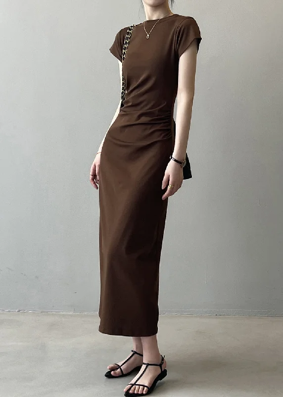 Buy Now lace dressSlim Fit Coffee Solid Cotton Long Dresses Summer