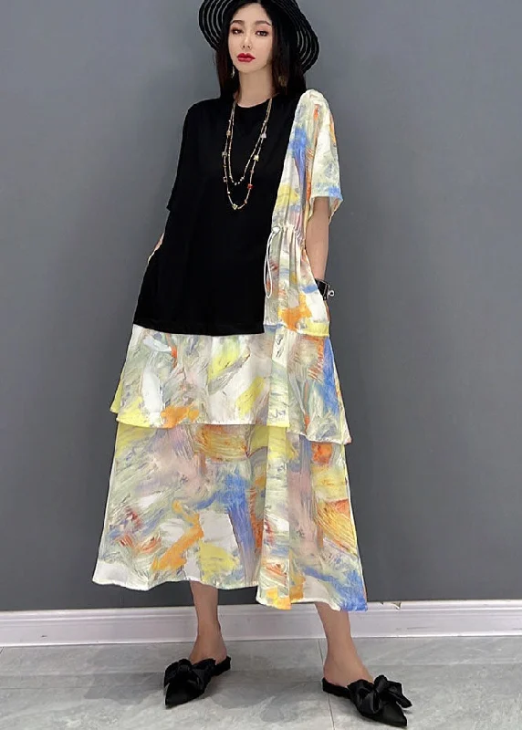 Can't Miss office dressElegant Black O-Neck Drawstring Patchwork Print Cotton Holiday Dress Short Sleeve