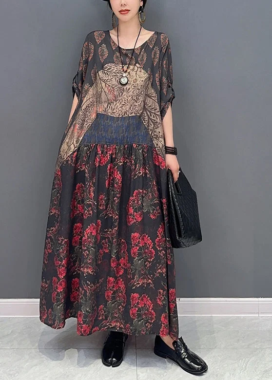 Customer Appreciation Sale vintage dressVintage Colorblock O-Neck Patchwork Print Long Dress Bracelet Sleeve