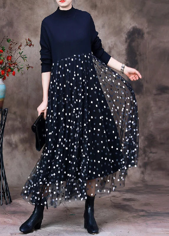Don't Wait vintage-inspired dressDIY Black O-Neck Knit Patchwork Tulle Maxi Dress Long Sleeve Don't Wait vintage-inspired dressDIY Black O-Neck Knit Patchwork Tulle Maxi Dress Long Sleeve