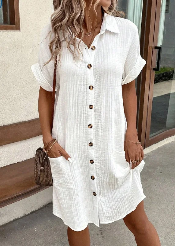 Discount Days silk dressElegant White Peter Pan Collar Button Pockets Cotton Shirt Dress Summer