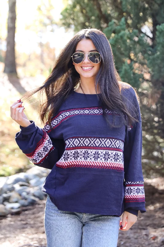 trendy fitness sweatshirtFINAL SALE - Snowy Snuggles Navy Fair Isle Pullover - DOORBUSTER