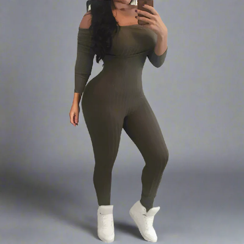 Flash Sale Olive Off Shoulder Ribbed Jumpsuit