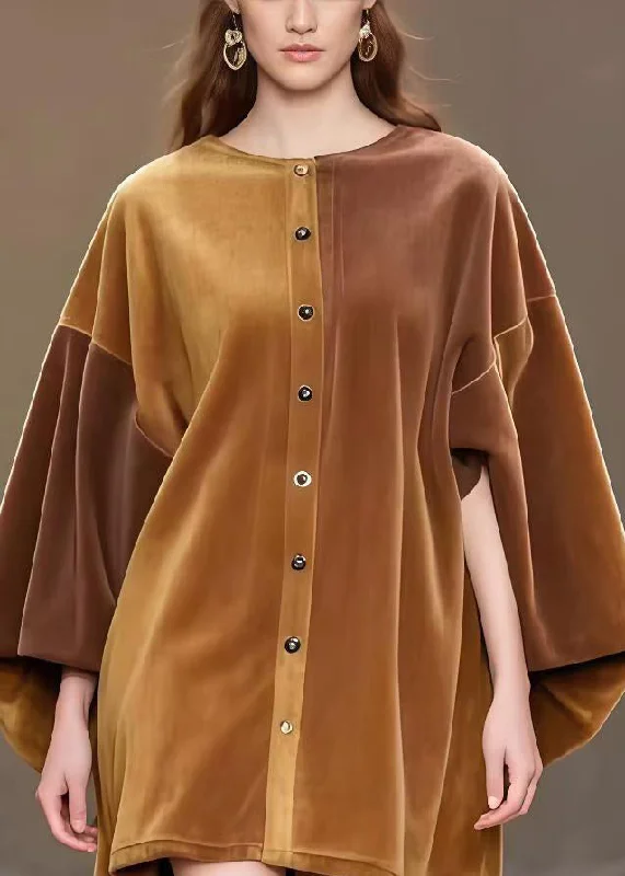 statement dressModern Brown Oversized Corduroy Minin Dress Lantern Sleeve