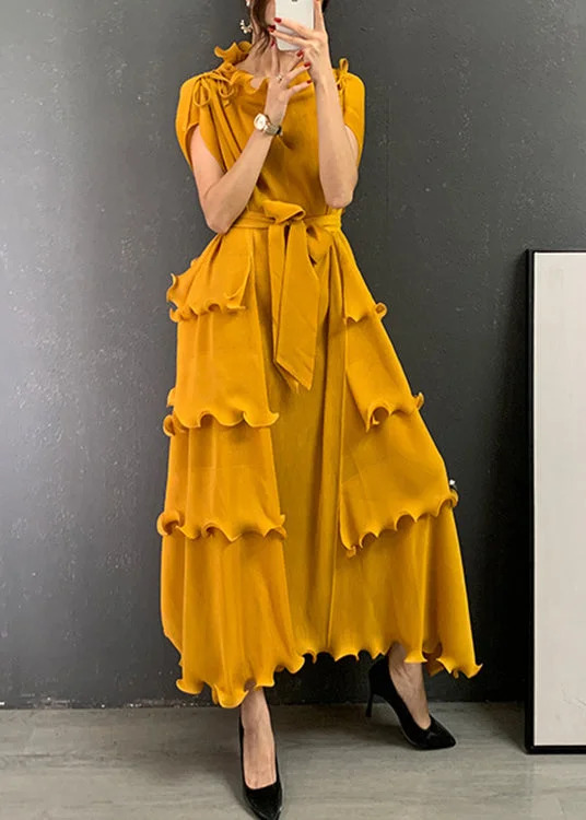 Reduced Prices spaghetti strap dressYellow O-Neck Ruffled Tie Waist Long Dresses Short Sleeve