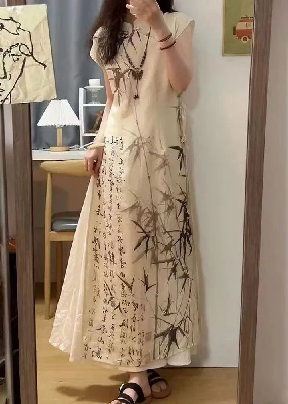 Massive Deals ruched dressChinese Style Bamboo Ink Painting Lace Up Dress For Summer Massive Deals ruched dressChinese Style Bamboo Ink Painting Lace Up Dress For Summer