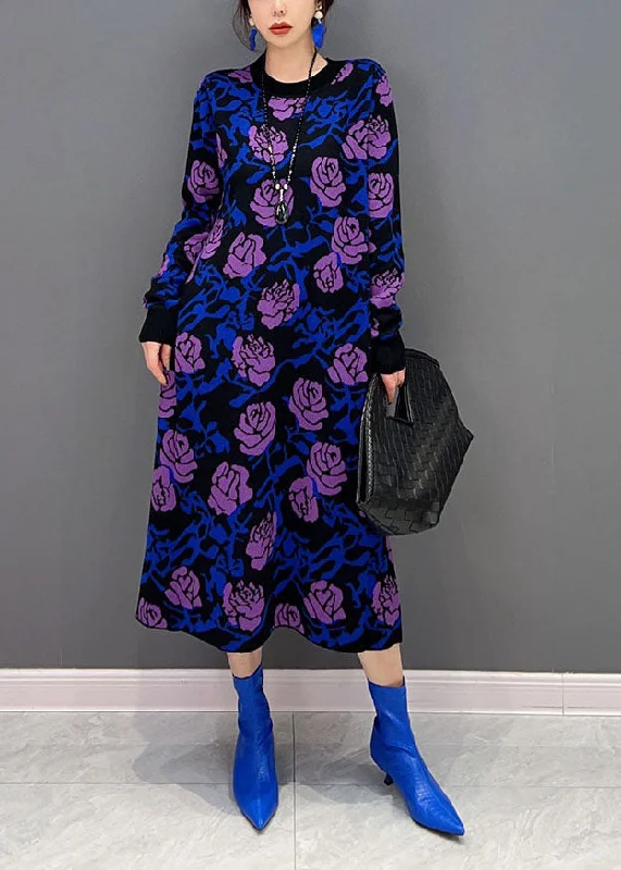 Bonus Savings casual day dressFrench Purple Rose Print Slim Fit Knit Long Dress Spring Bonus Savings casual day dressFrench Purple Rose Print Slim Fit Knit Long Dress Spring