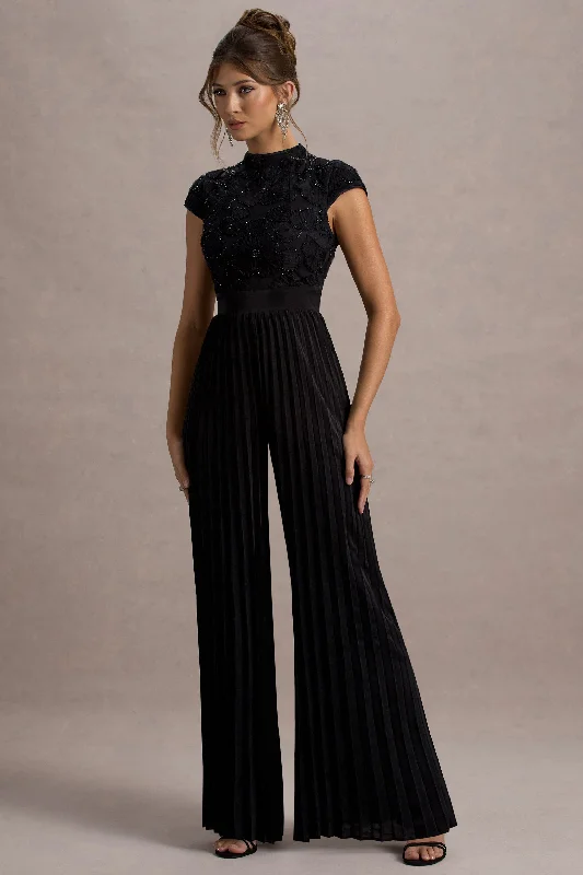 Online Exclusive Tanner | Black Cap-Sleeve Plisse Wide-Leg Jumpsuit