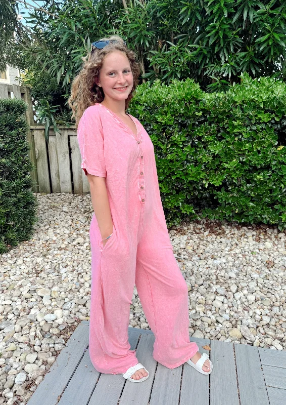 Daily Specials Mineral Wash Sweet Wide Leg Jumpsuit: Pink Red
