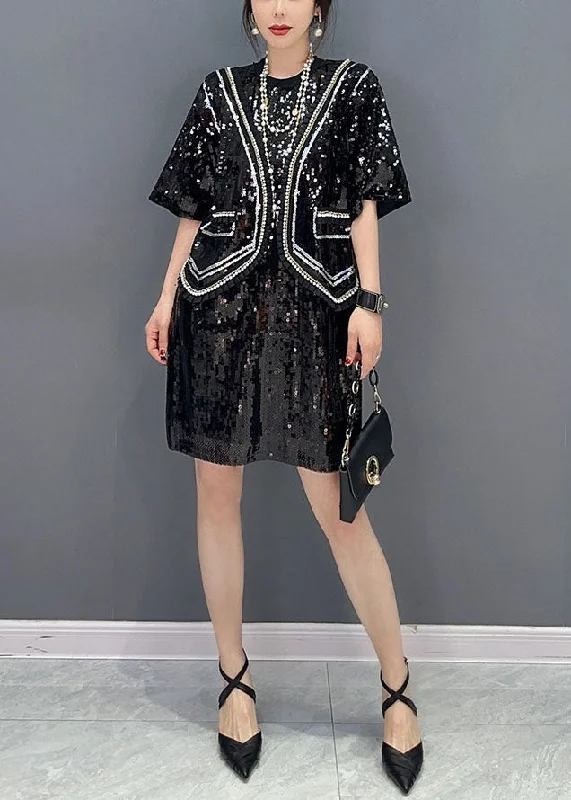 minimalistic dressHandmade Black Sequins Patchwork False Two Pieces Dresses Spring