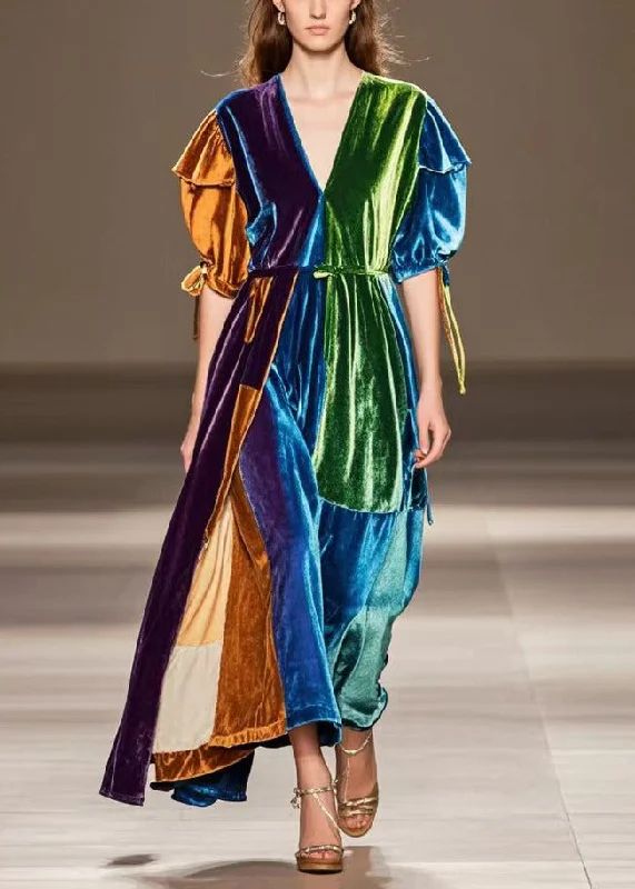 Super Bargain wrap-around dressOriginal Design Puff Sleeve Patchwork Silk Velvet Vacation Dresses Fall Super Bargain wrap-around dressOriginal Design Puff Sleeve Patchwork Silk Velvet Vacation Dresses Fall