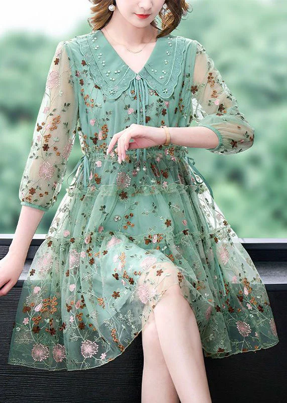 floral midi dressUnique Green Embroideried Ruffled Hollow Out Organza Cinch Dress Bracelet Sleeve