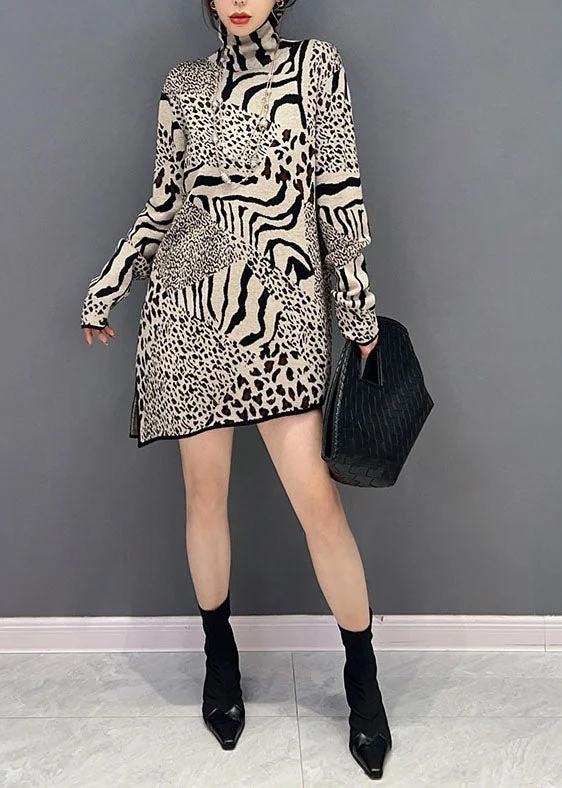 romantic dressUnique Khaki Turtle Neck Leopard Print Side Open Knit Dress Spring